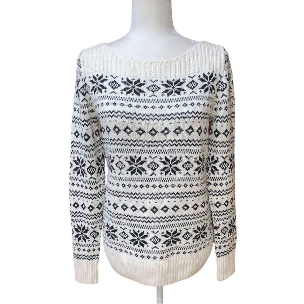 LOFT Winter Knit Sweater Cream Ivory/Black Wool Blend Womens Sz S